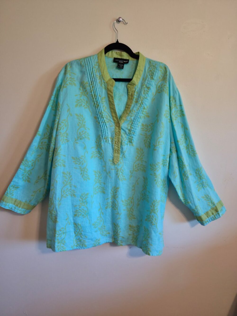 Saint Tropez West Linen Turquoise Lime Green Tunic Cover Up Blouse 3X